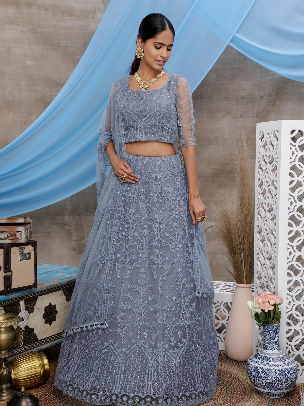 Odette Women Stunning Grey Net Semi Stitched Lehenga With  Unstitched Blouse - Image 4
