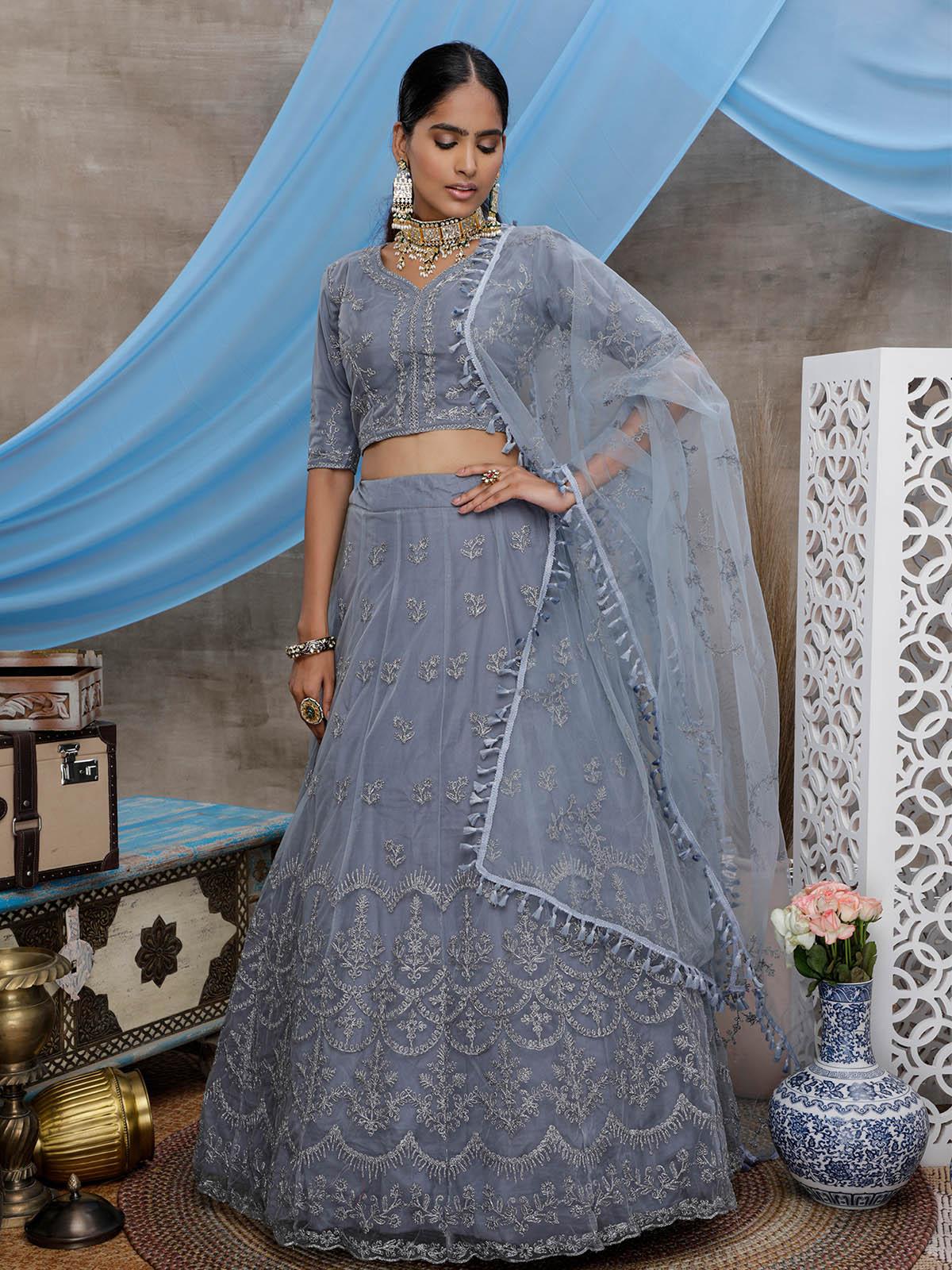Odette Women Stunning Grey Net Semi Stitched Lehenga With  Unstitched Blouse - Image 3