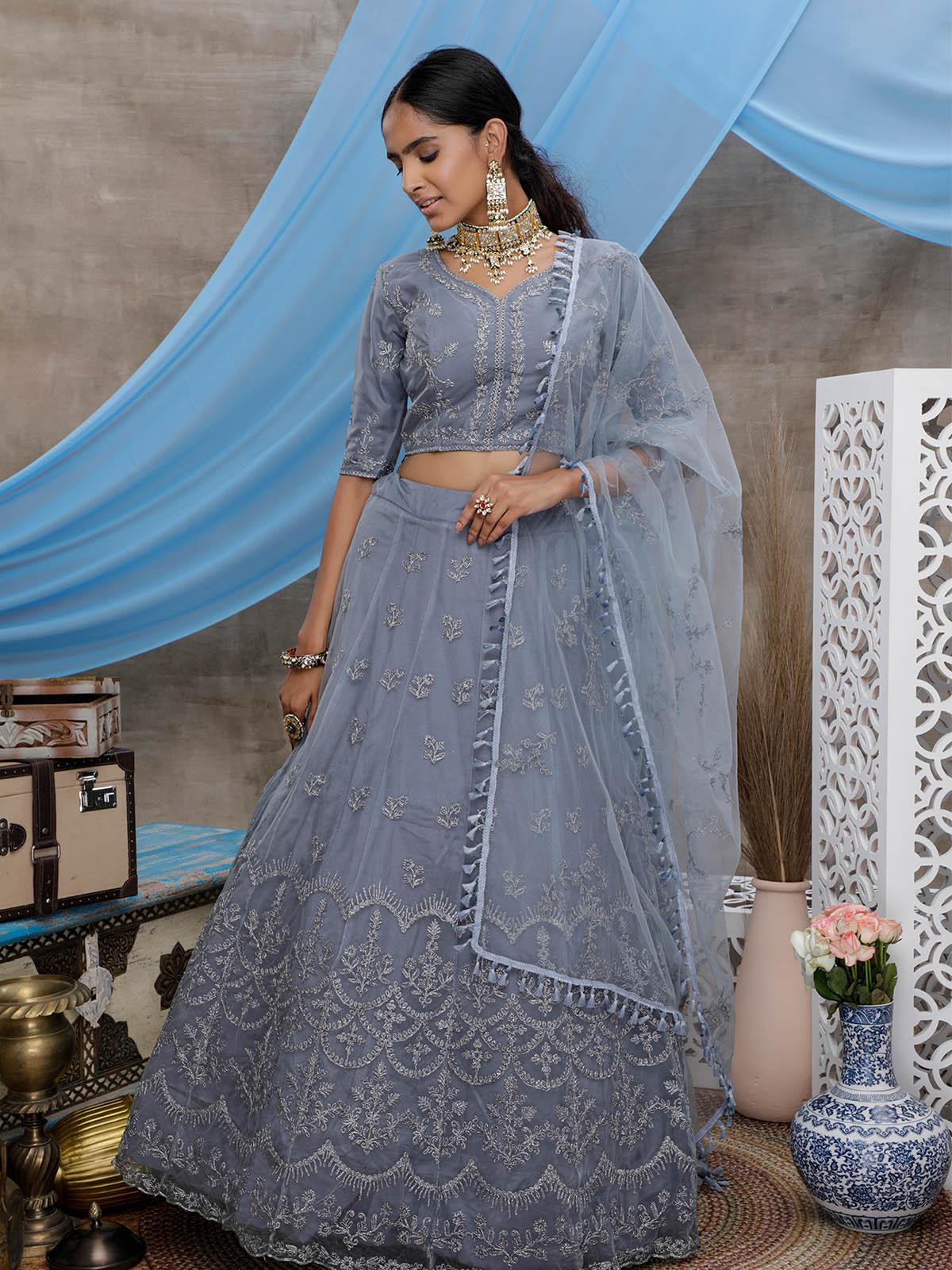 Odette Women Stunning Grey Net Semi Stitched Lehenga With  Unstitched Blouse - Image 4
