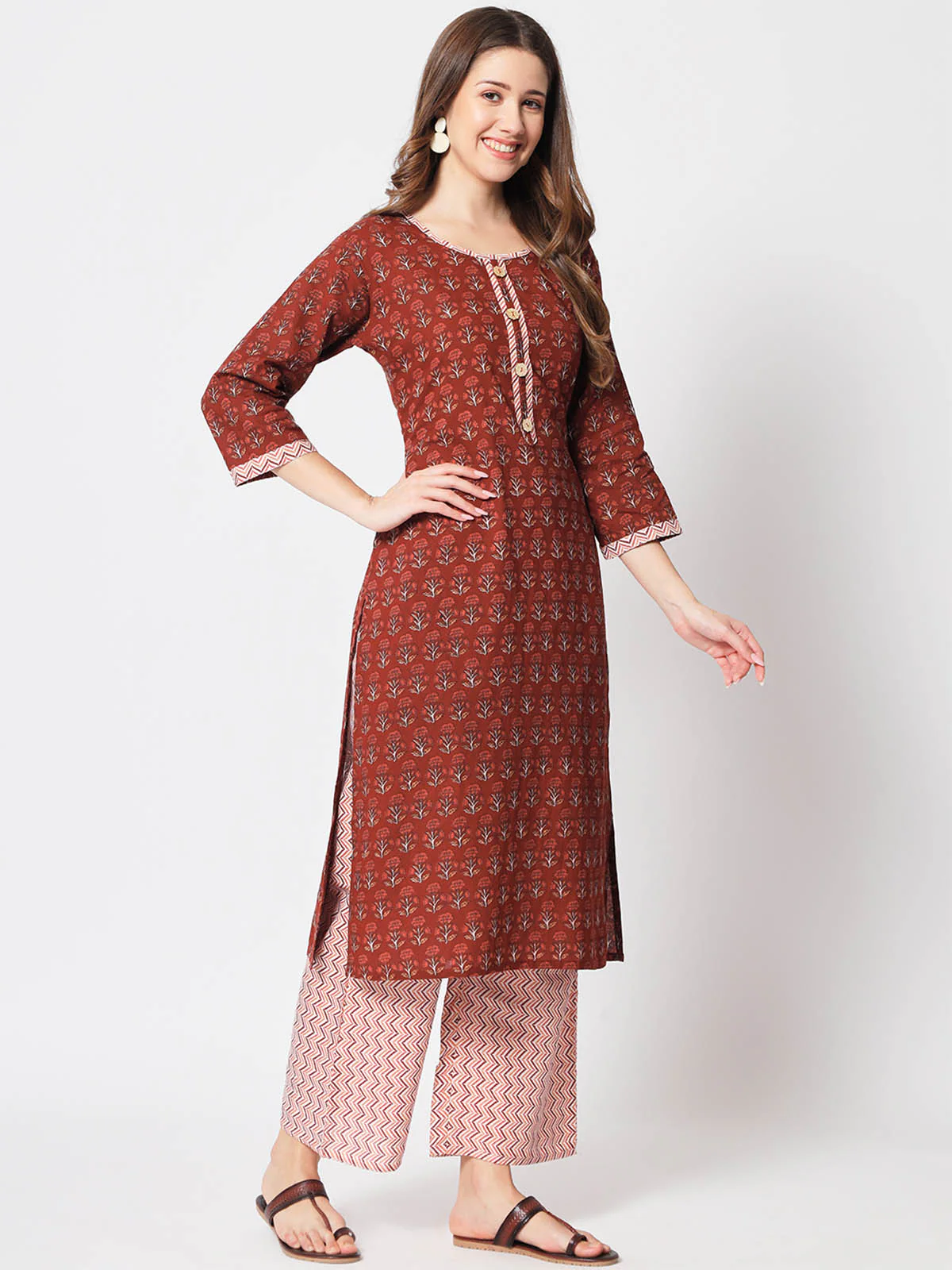 Odette Women Stunning Maroon Cotton Printed Stitched Kurta Set - Image 4