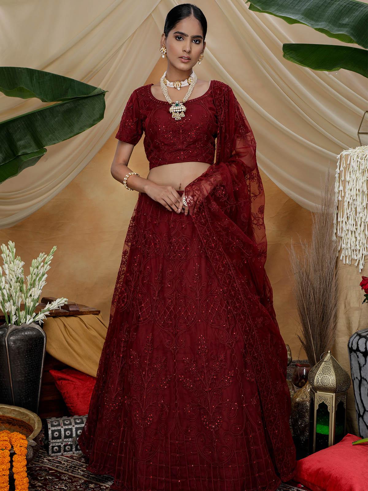 Odette Women Stunning Maroon Net Semi Stitched Lehenga With  Unstitched Blouse - Image 3
