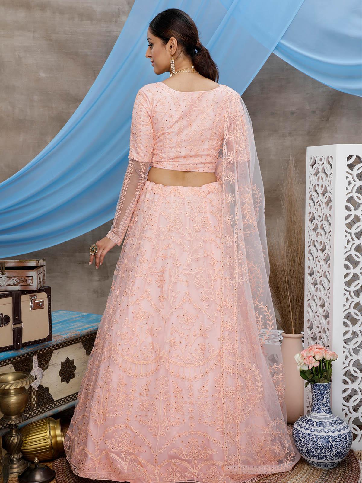Odette Women Stunning Peach Net Semi Stitched Lehenga With  Unstitched Blouse - Image 2
