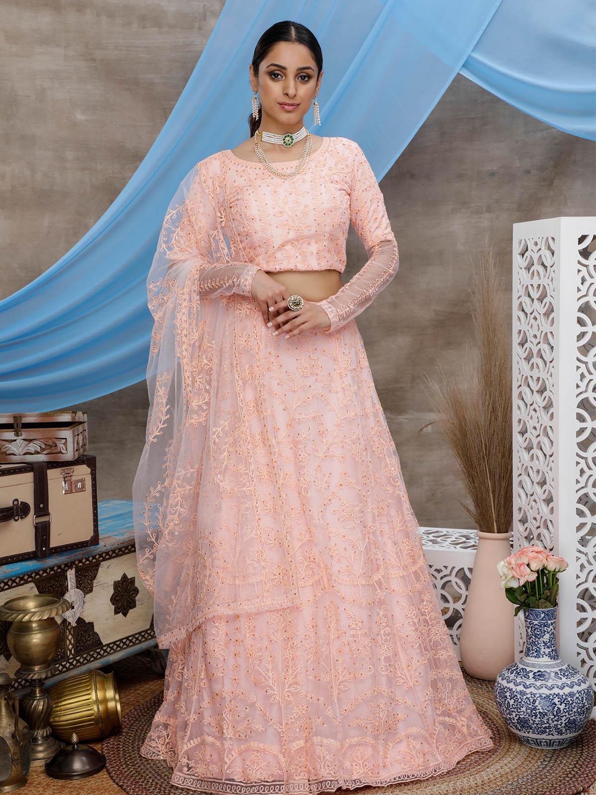 Odette Women Stunning Peach Net Semi Stitched Lehenga With  Unstitched Blouse - Image 3