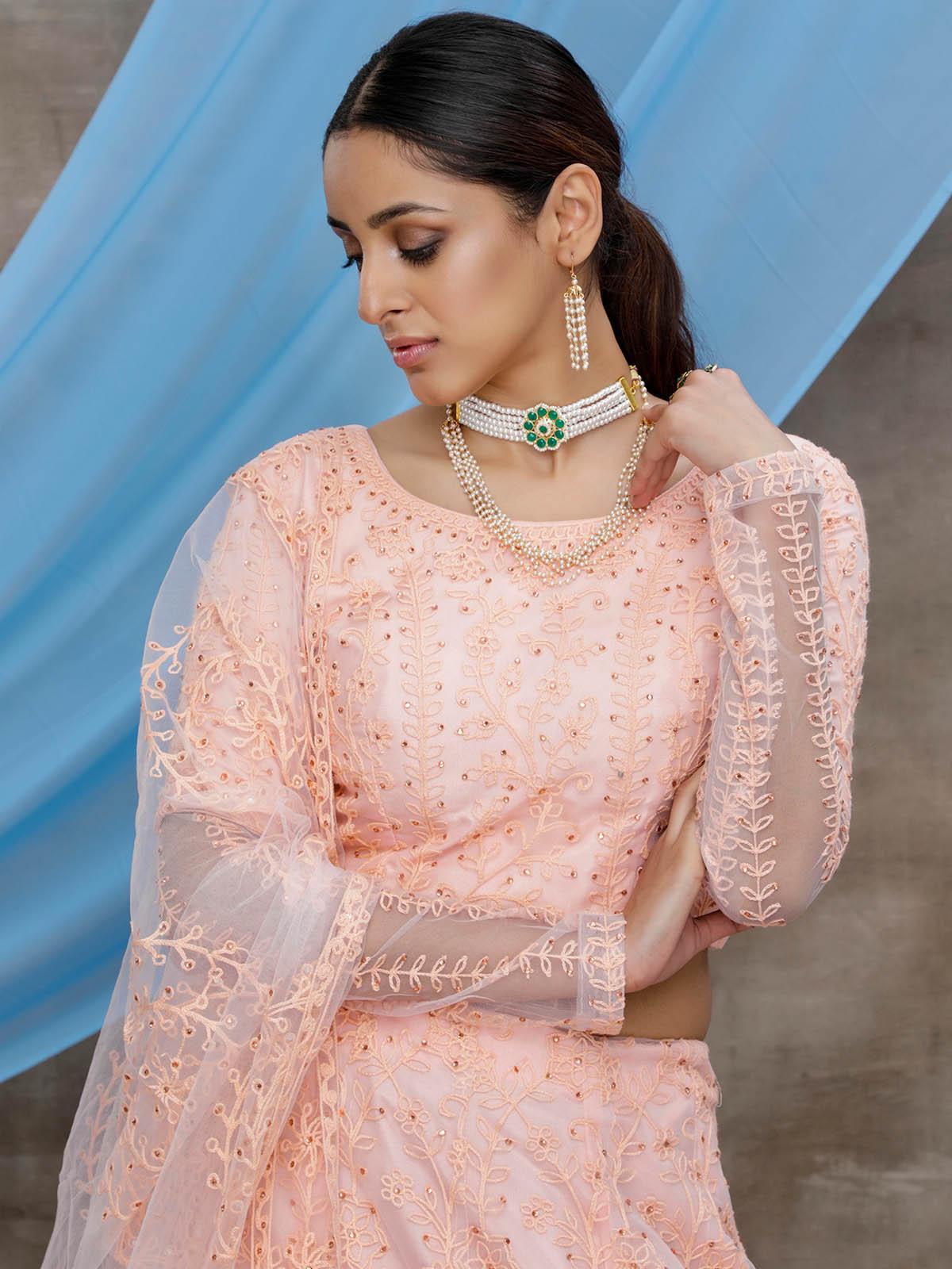Odette Women Stunning Peach Net Semi Stitched Lehenga With  Unstitched Blouse - Image 4