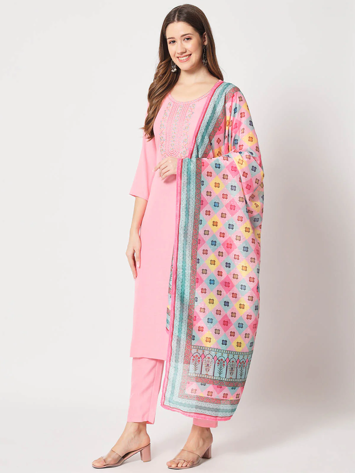 Odette Women Stunning Pink Cotton Embroidered Stitched Kurta Set - Image 3