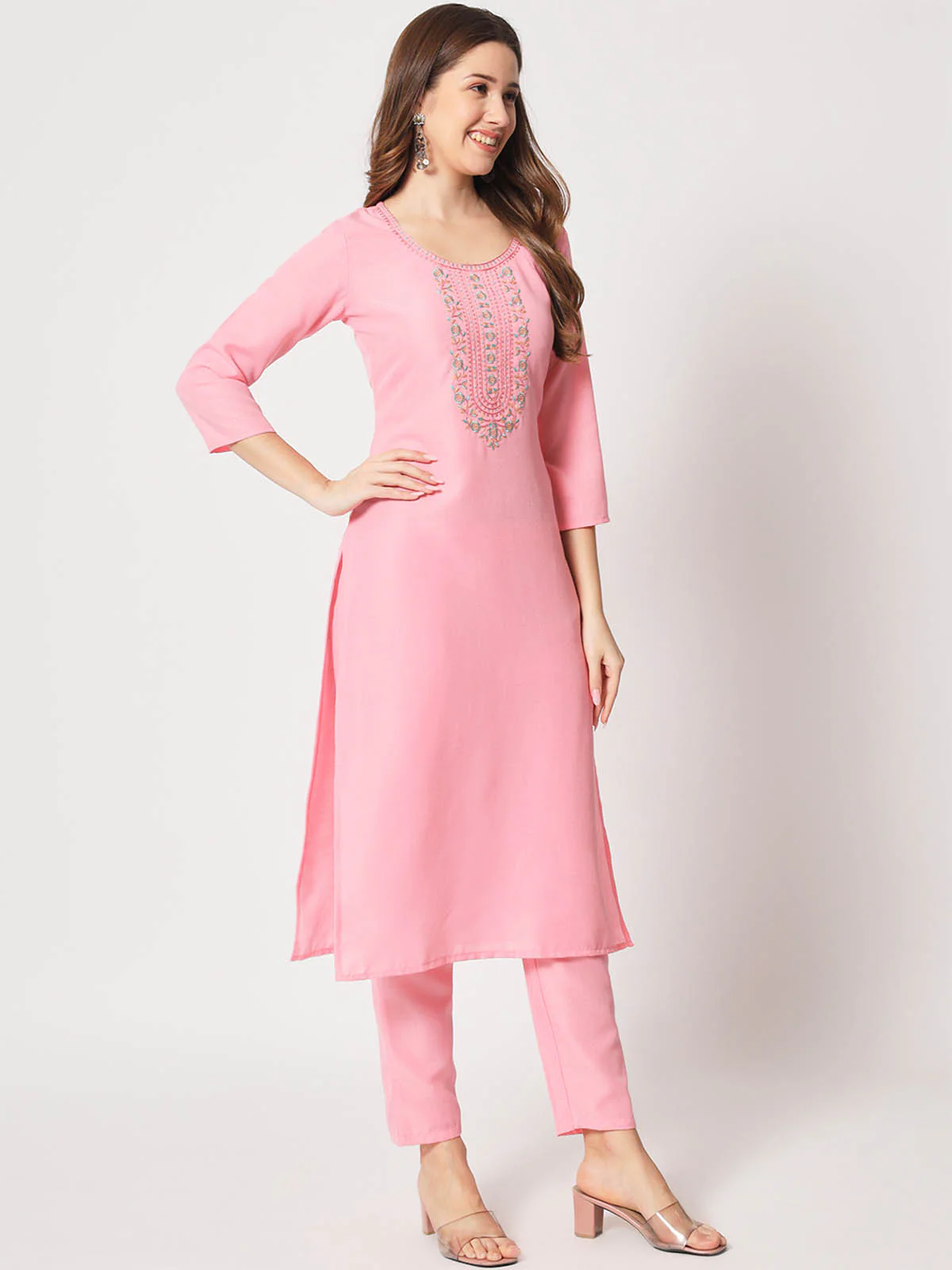 Odette Women Stunning Pink Cotton Embroidered Stitched Kurta Set - Image 4