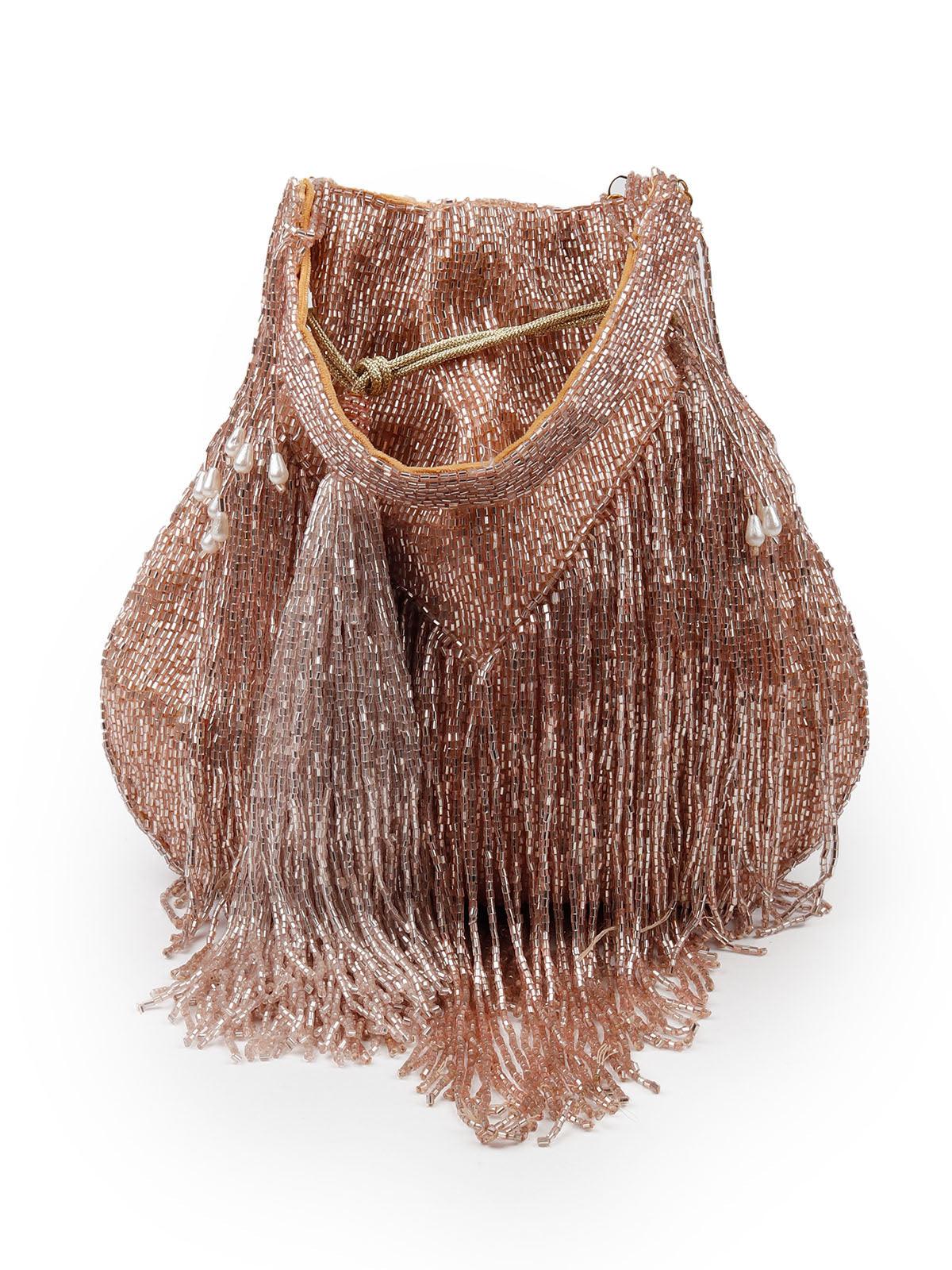 Odette Stunning Rose Gold Fringes Beaded Potli Bag For Women - Image 3