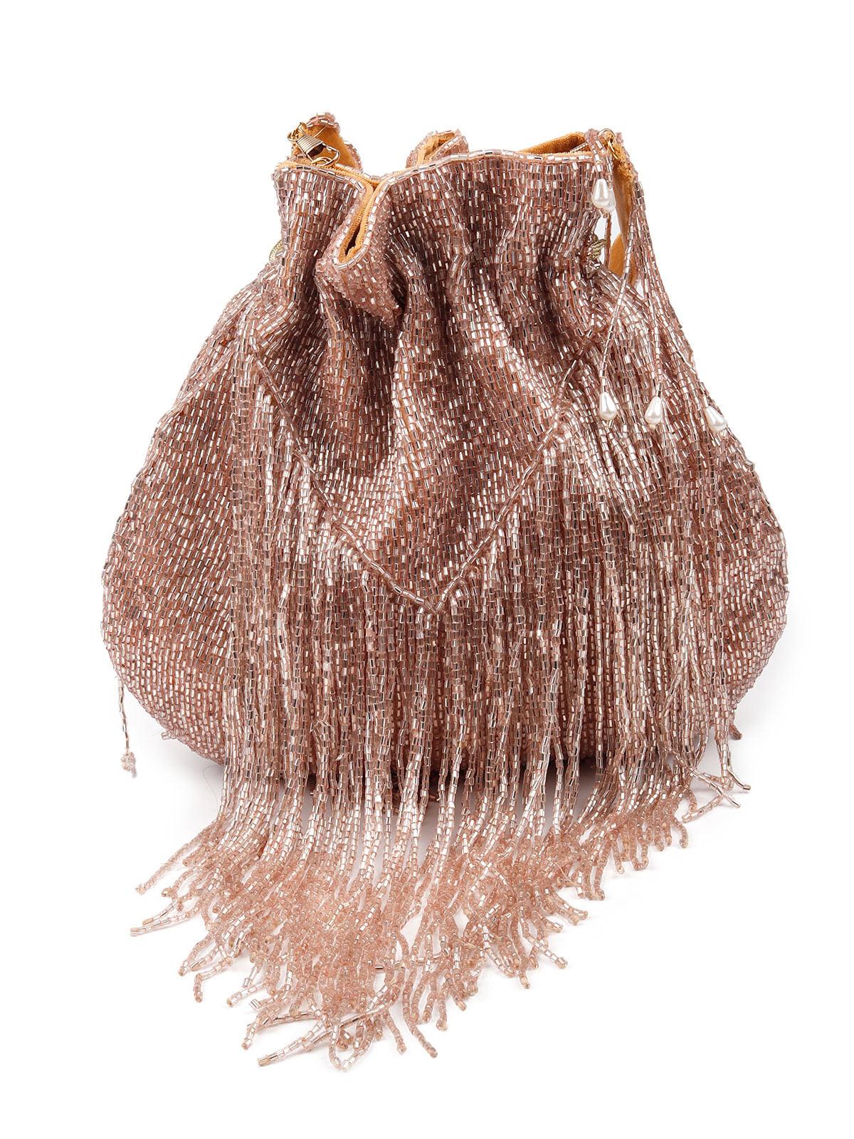 Odette Stunning Rose Gold Fringes Beaded Potli Bag For Women - Image 4