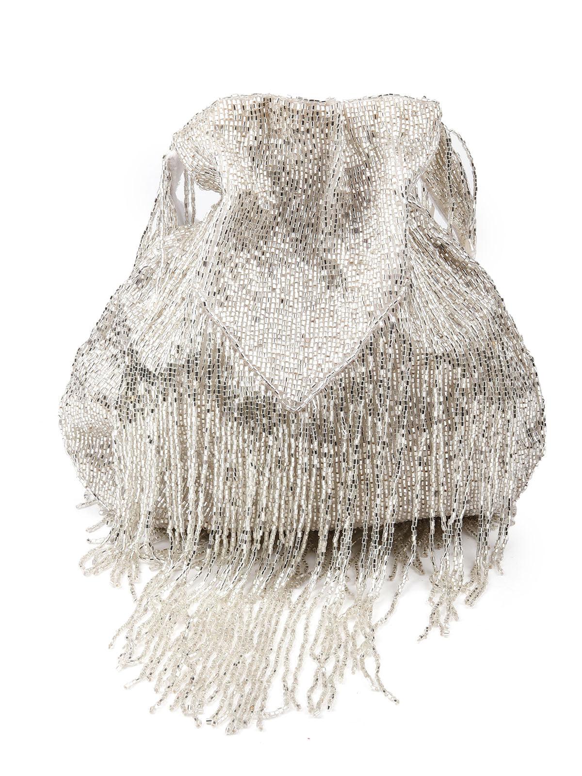 Odette Stunning Silver Fringes Beaded Potli Bag For Women - Image 3