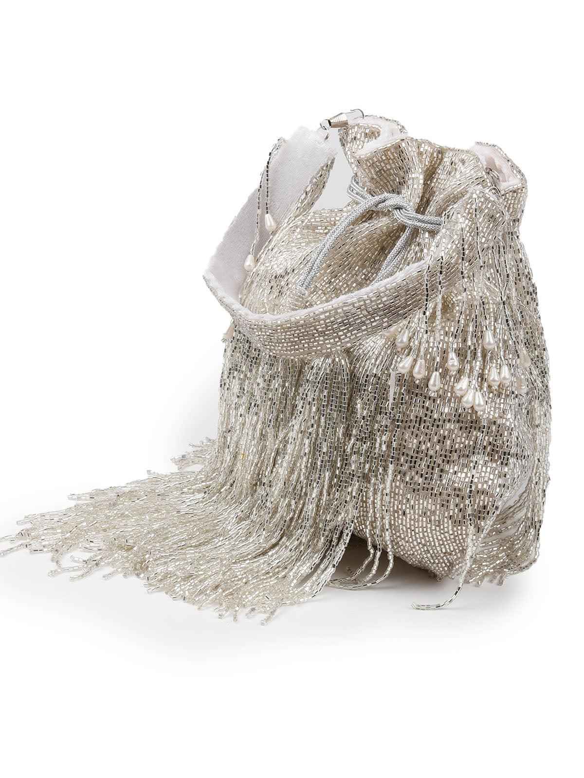 Odette Stunning Silver Fringes Beaded Potli Bag For Women - Image 4