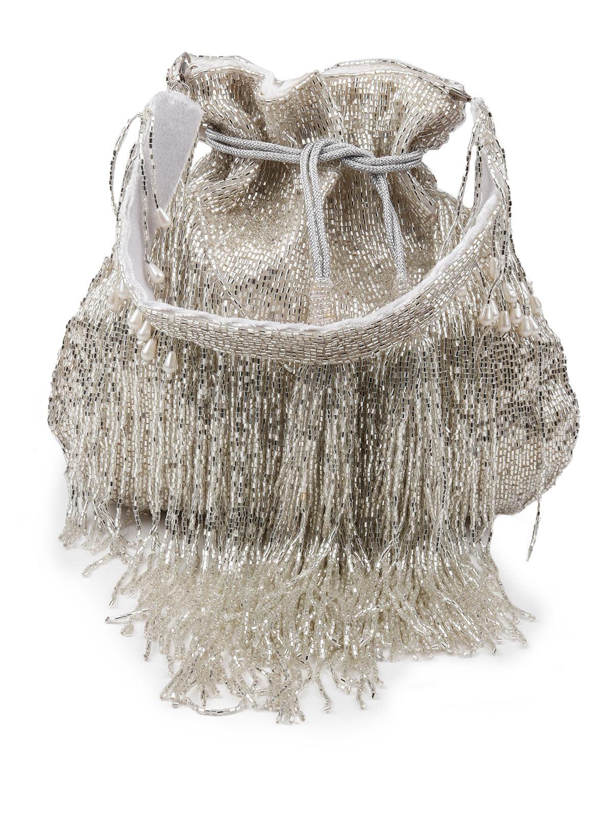 Odette Stunning Silver Fringes Beaded Potli Bag For Women - Image 5