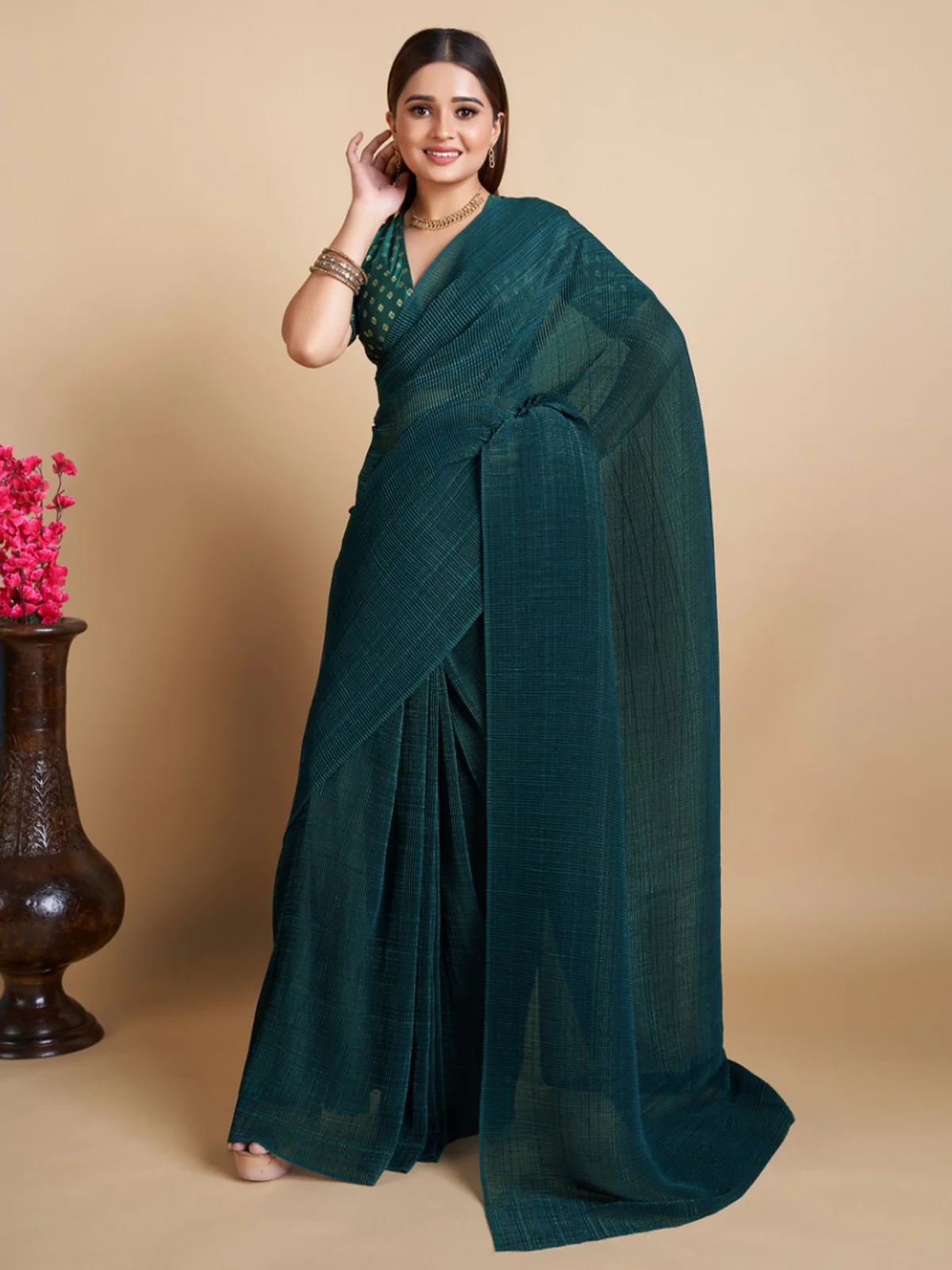 Odette Women Stunning Dark Green Chiffon Georgette Sare With Stitched Blouse - Image 2