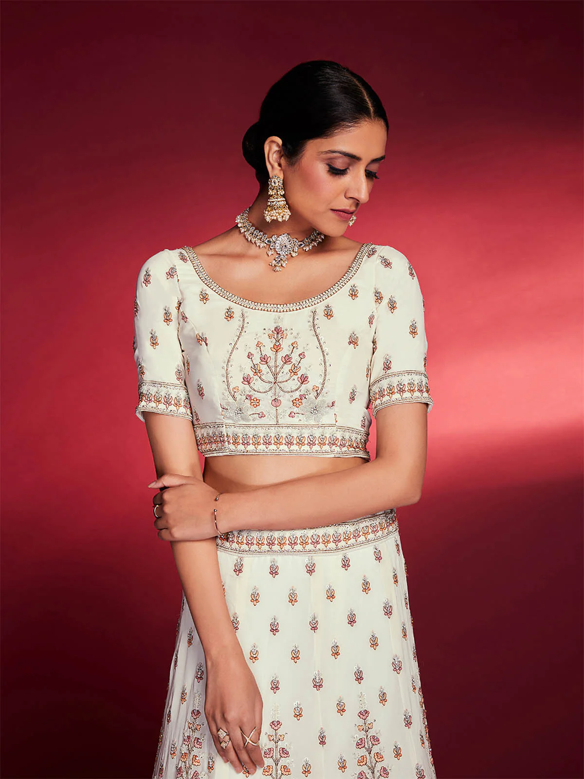 Odette Women Stunning White Georgette Embroidered Semi Stitched Lehenga Choli - Image 7