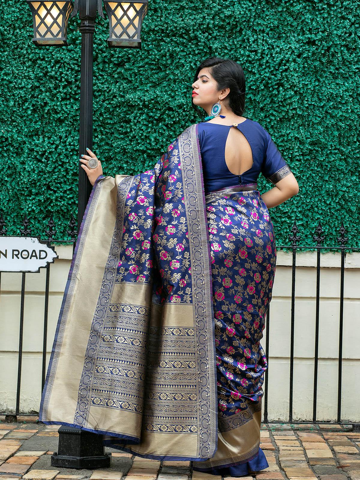 Odette Women Stunning Woven Navy Banarasi Silk Saree With Unstitched Blouse - Image 3