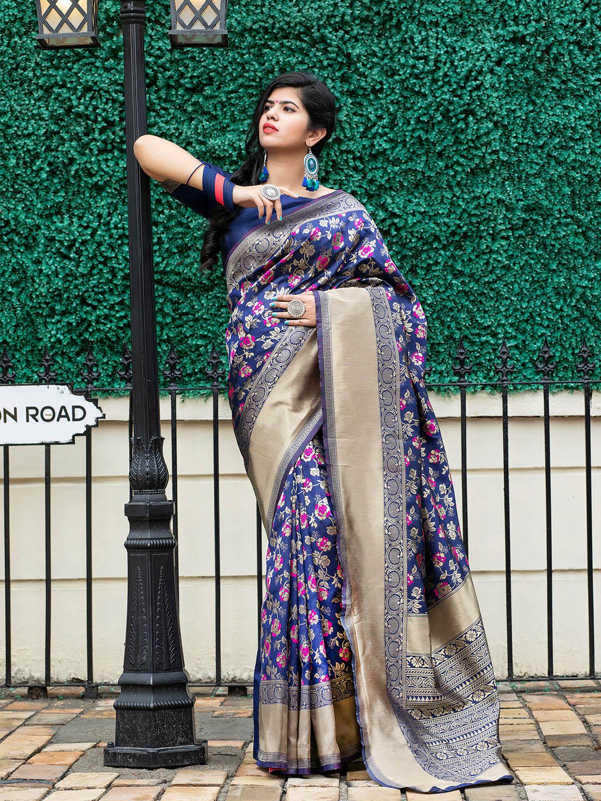 Odette Women Stunning Woven Navy Banarasi Silk Saree With Unstitched Blouse - Image 5