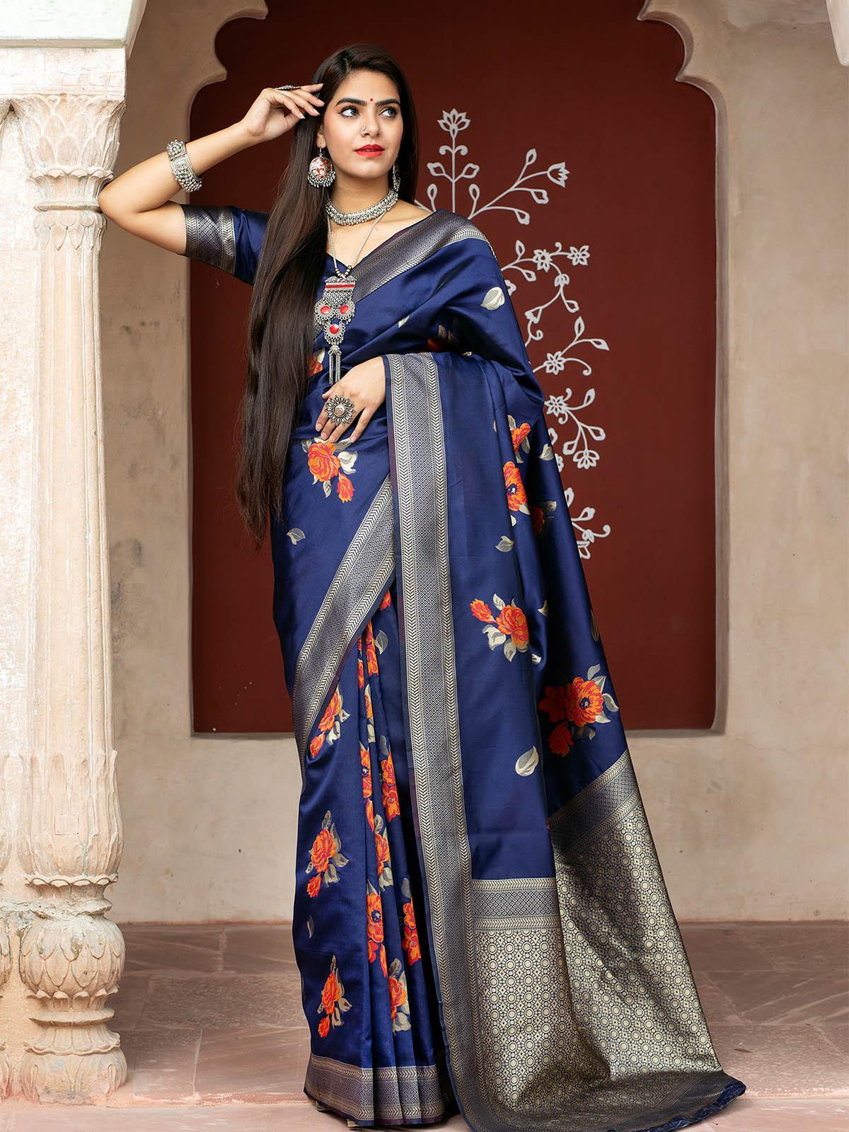 Odette Women Stunning Woven Navy Banarasi Silk Saree With Unstitched Blouse - Image 2