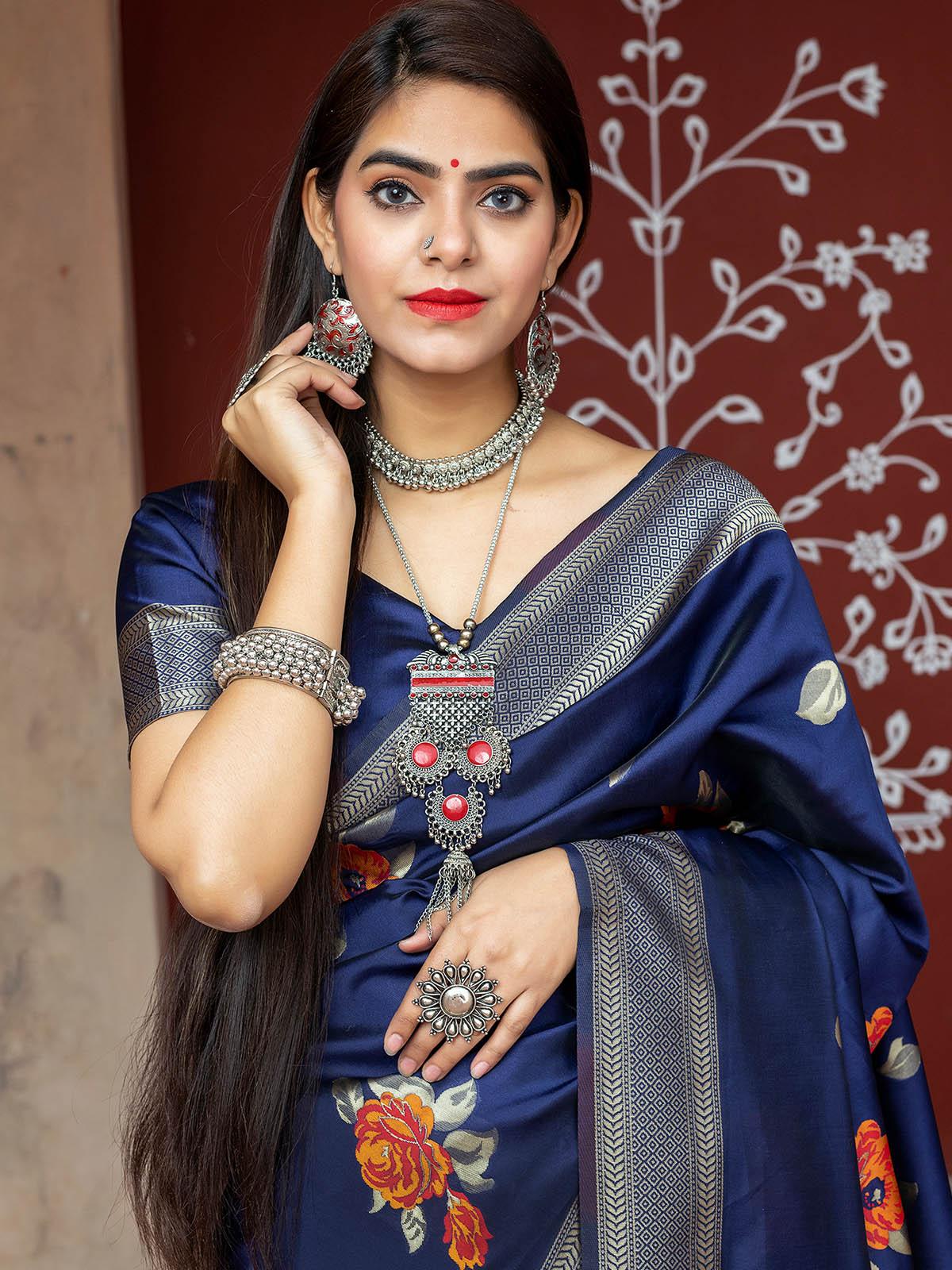 Odette Women Stunning Woven Navy Banarasi Silk Saree With Unstitched Blouse - Image 3