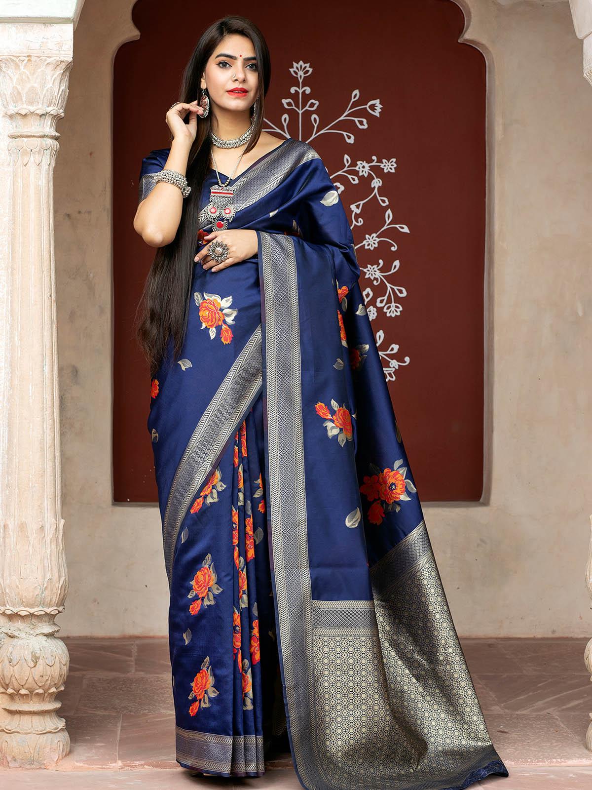 Odette Women Stunning Woven Navy Banarasi Silk Saree With Unstitched Blouse - Image 4