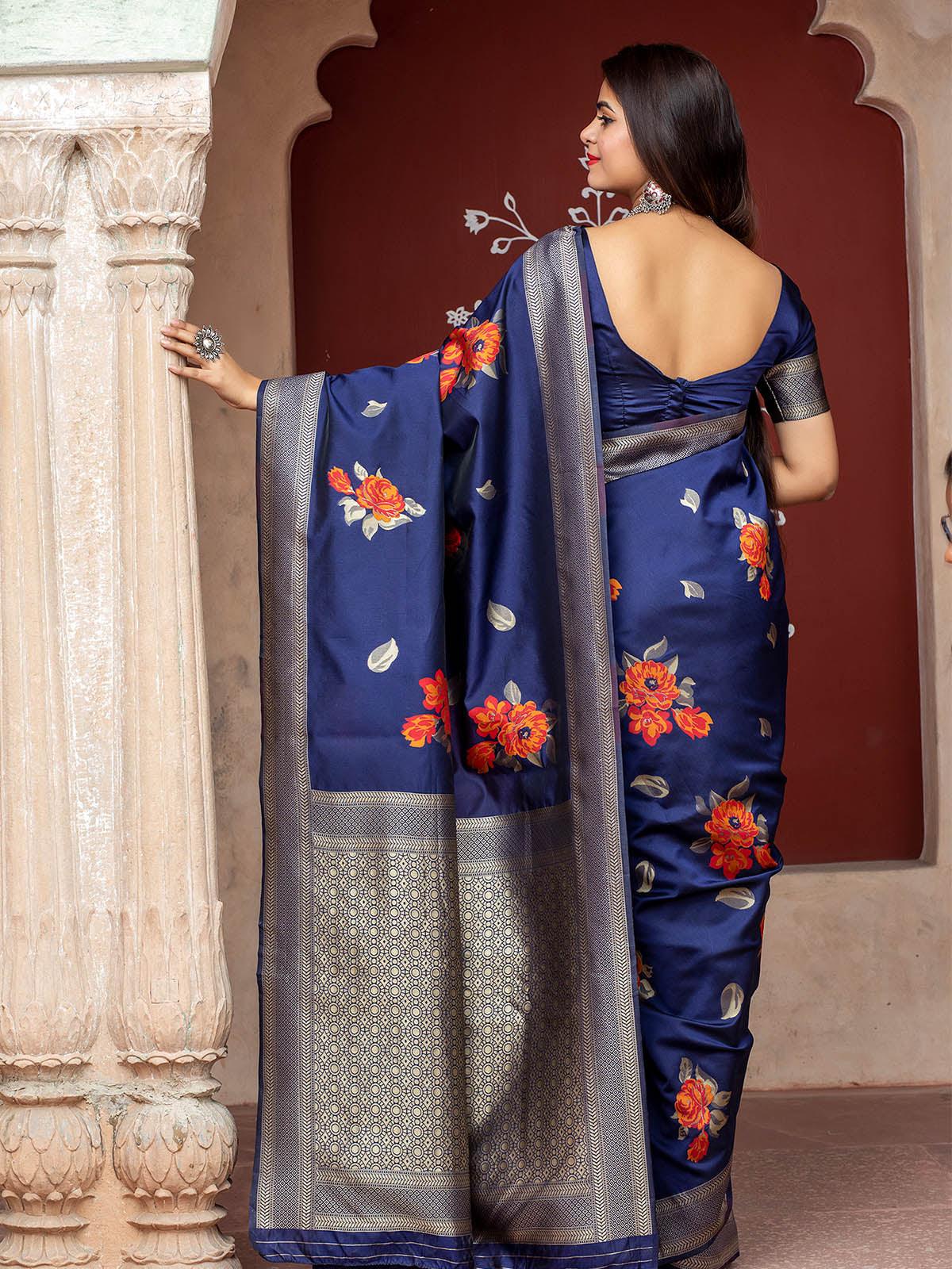 Odette Women Stunning Woven Navy Banarasi Silk Saree With Unstitched Blouse - Image 5