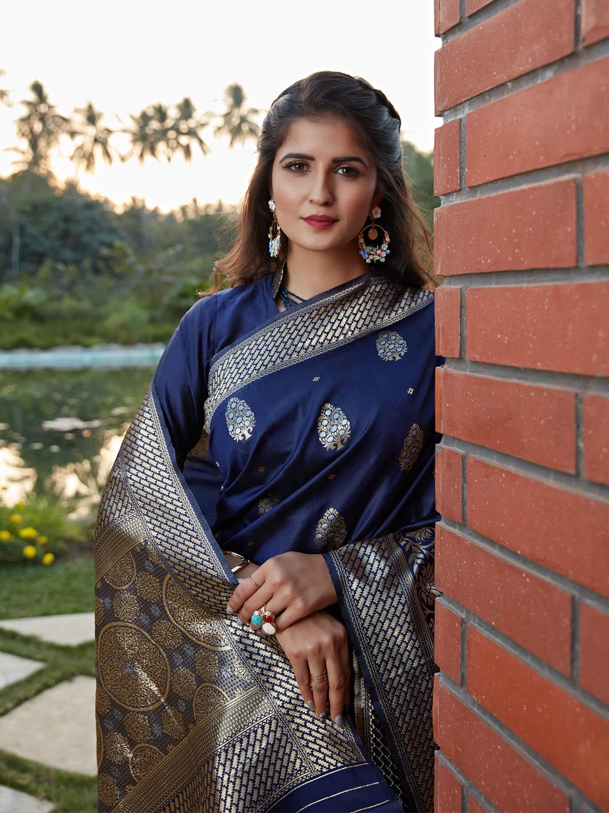 Odette Women Stunning Woven Dark Blue Benarasi Silk Saree With Unstitched Blouse - Image 3