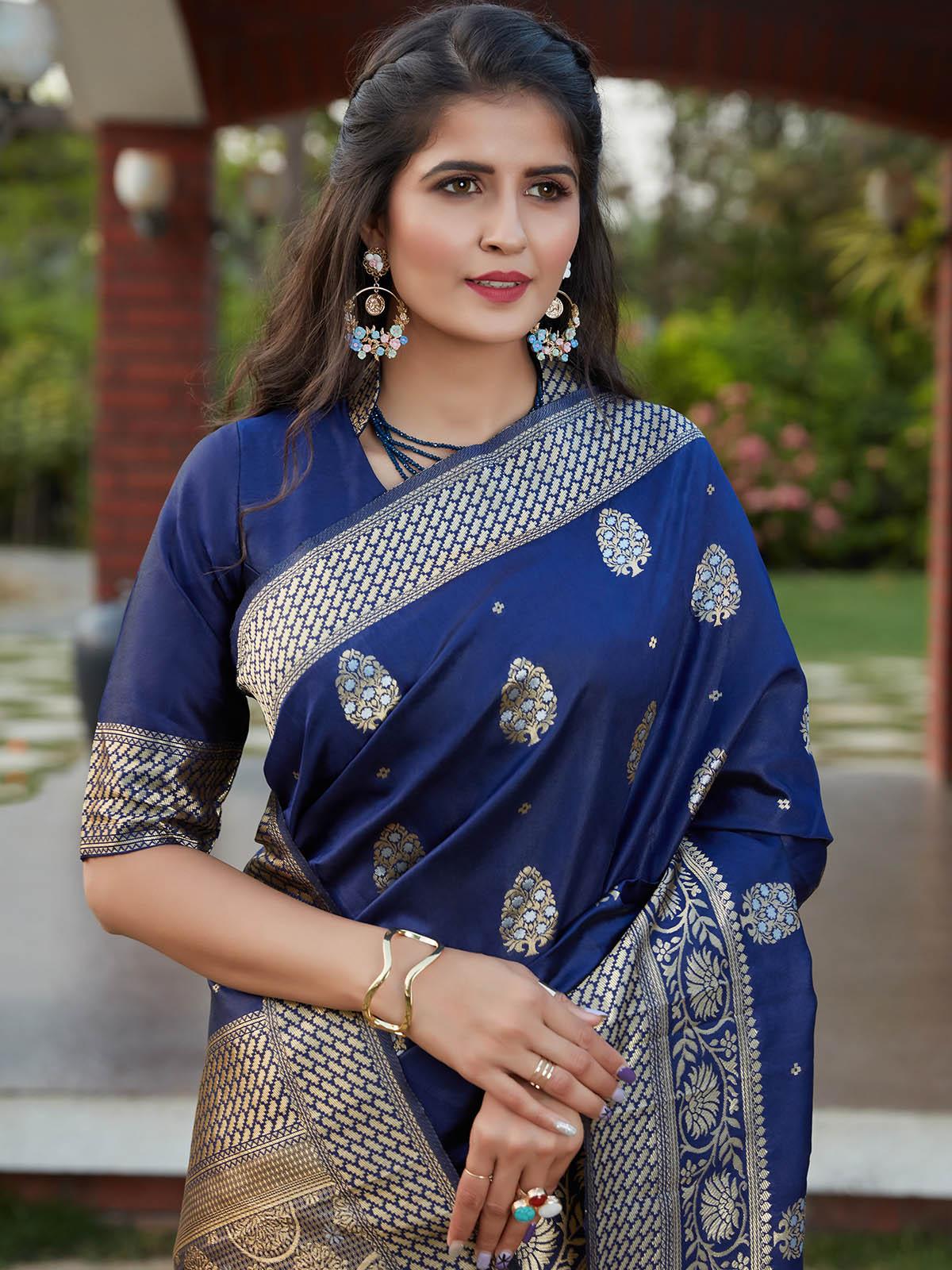 Odette Women Stunning Woven Dark Blue Benarasi Silk Saree With Unstitched Blouse - Image 4