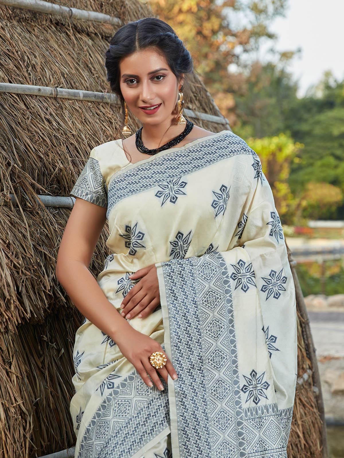 Odette Women Stunning Woven Off-White Banarasi Silk Saree With Unstitched Blouse - Image 3