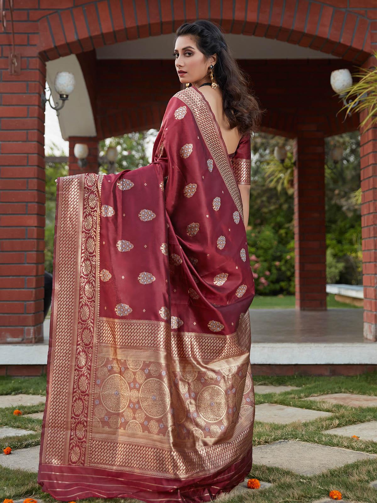 Odette Women Stunning Woven Wine Banarasi Silk Saree With Unstitched Blouse - Image 2