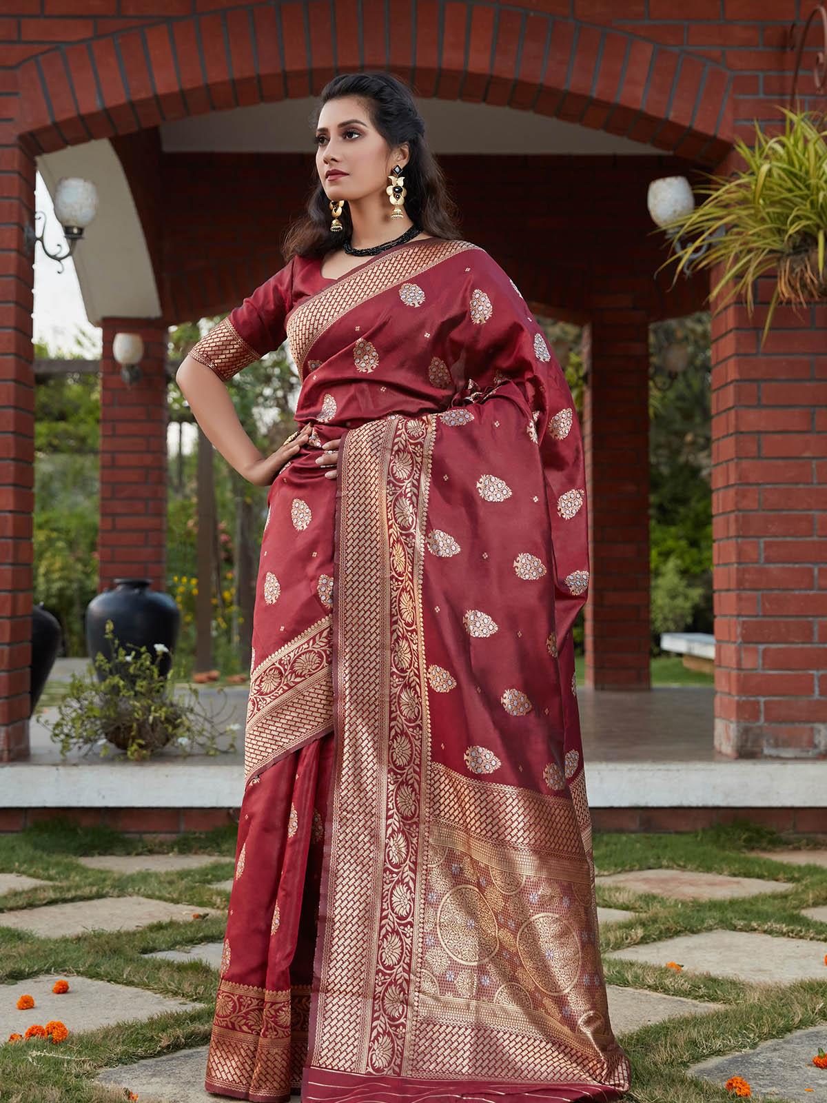 Odette Women Stunning Woven Wine Banarasi Silk Saree With Unstitched Blouse - Image 3