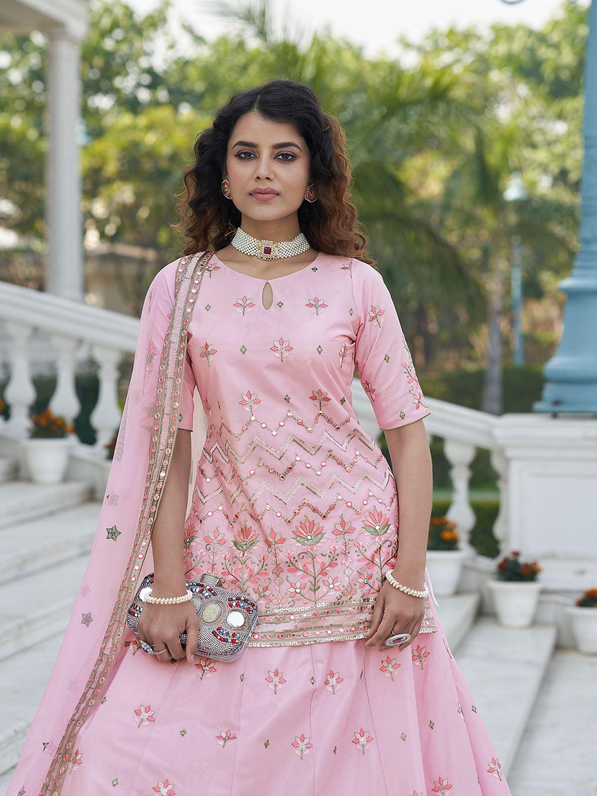 Odette Women Stylish Baby Pink Chinon Chiffon Semi Stitched Lehenga With  Unstitched Blouse - Image 2