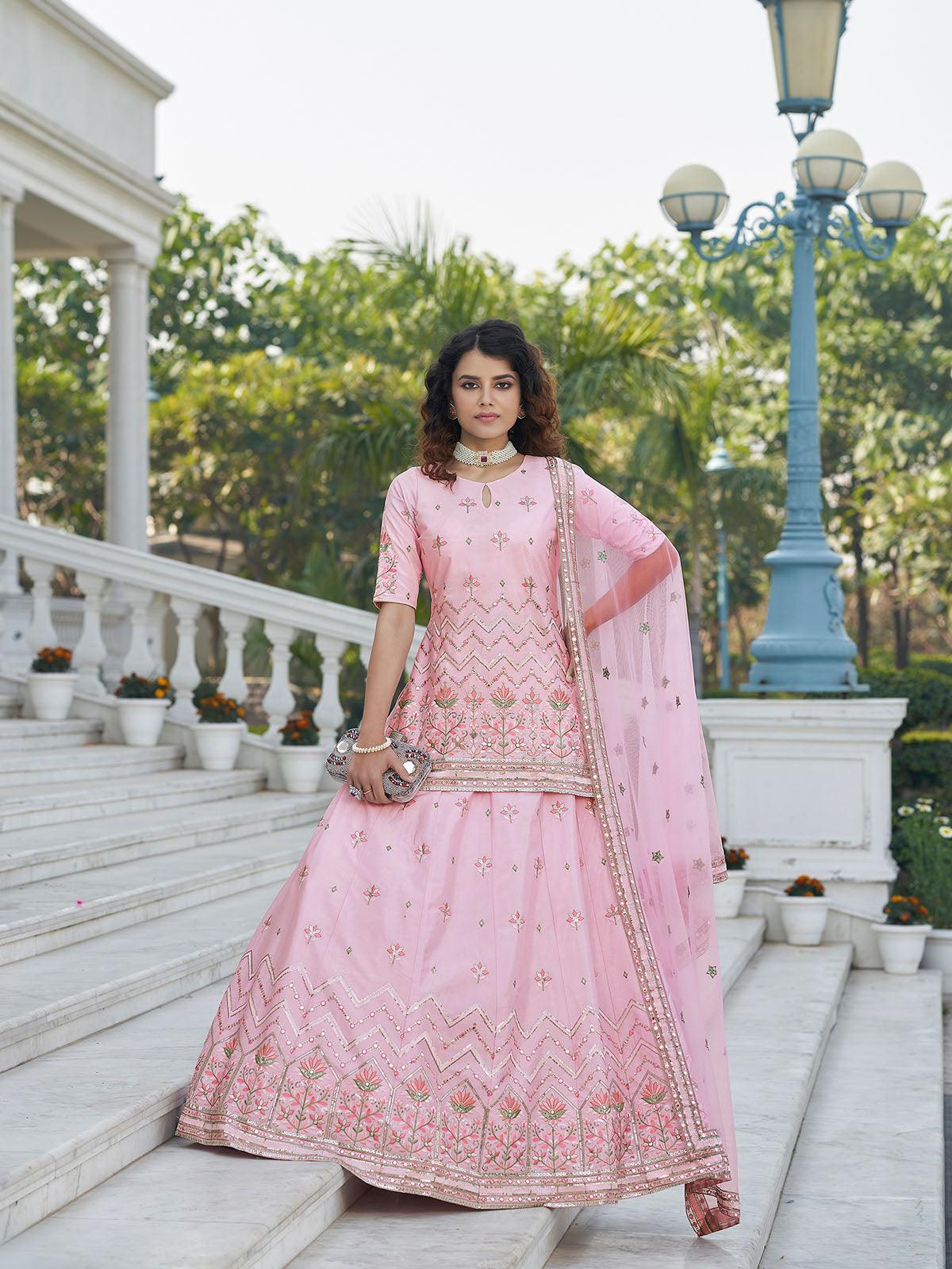 Odette Women Stylish Baby Pink Chinon Chiffon Semi Stitched Lehenga With  Unstitched Blouse - Image 3