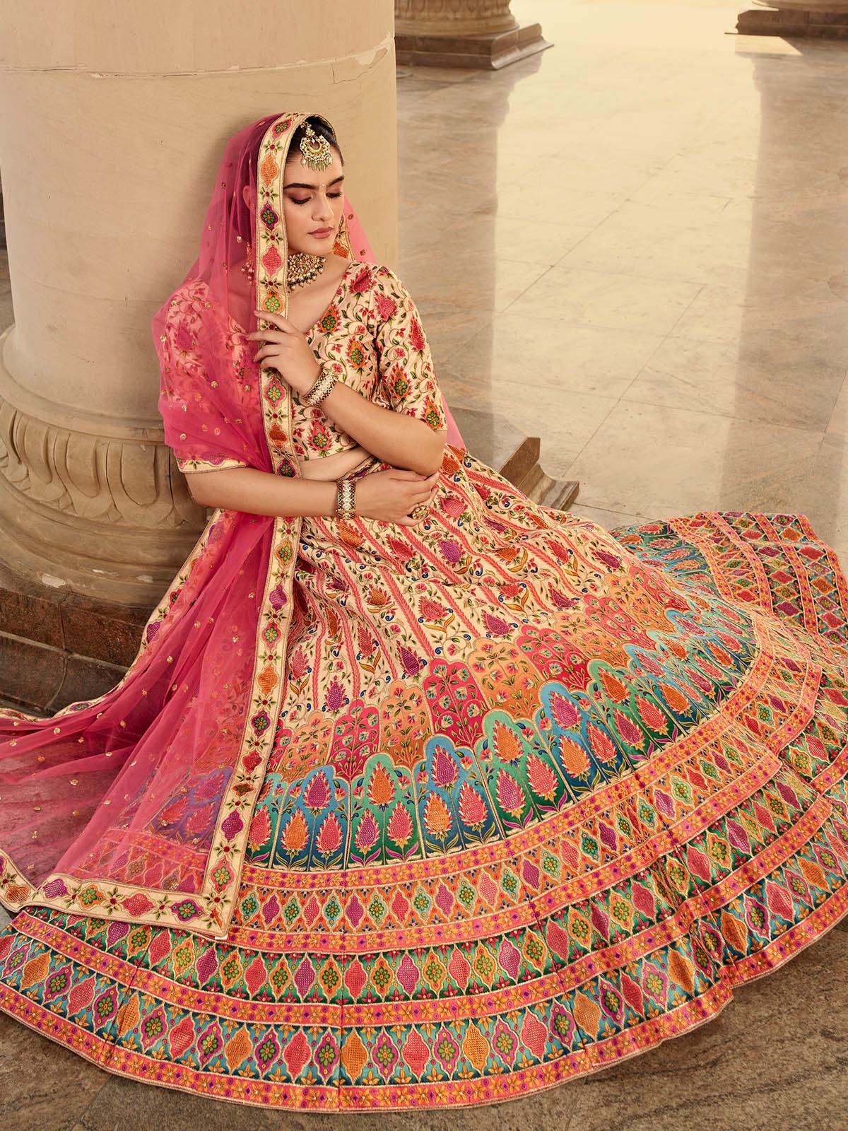Odette Women Stylish Beige Art Silk Semi Stitched Lehenga With  Unstitched Blouse - Image 3