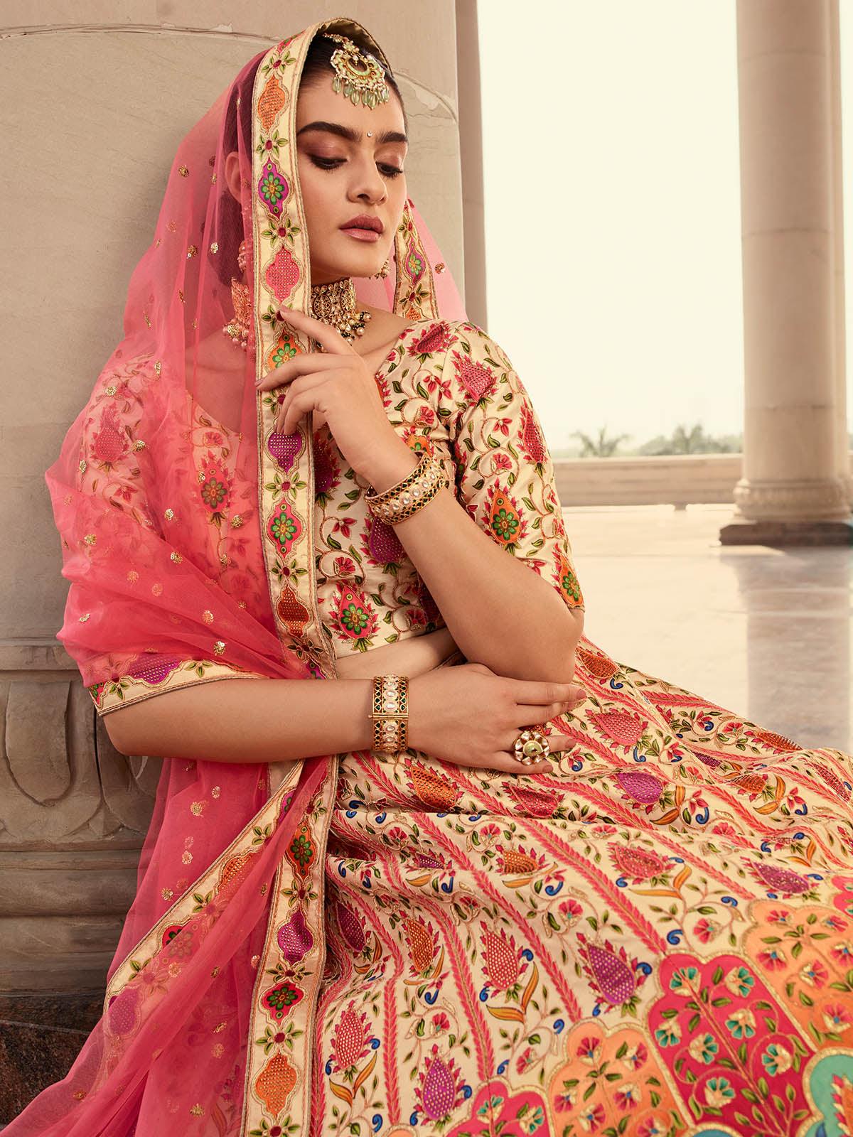 Odette Women Stylish Beige Art Silk Semi Stitched Lehenga With  Unstitched Blouse - Image 4