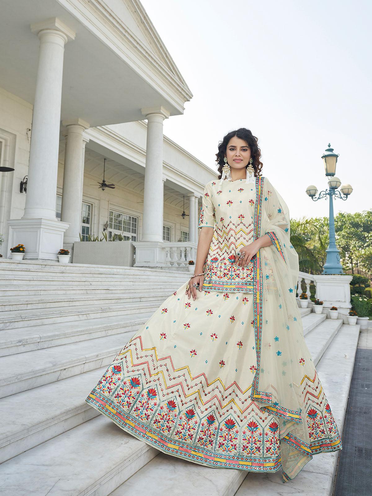 Odette Women Stylish Beige Chinon Chiffon Semi Stitched Lehenga With  Unstitched Blouse - Image 3