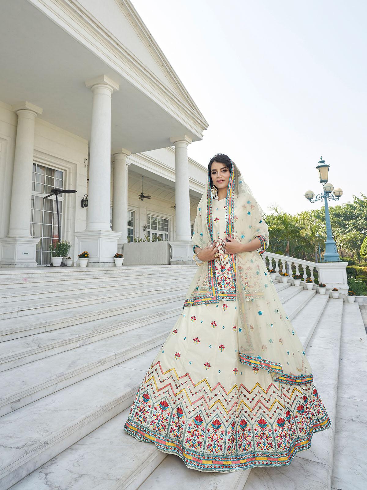 Odette Women Stylish Beige Chinon Chiffon Semi Stitched Lehenga With  Unstitched Blouse - Image 4