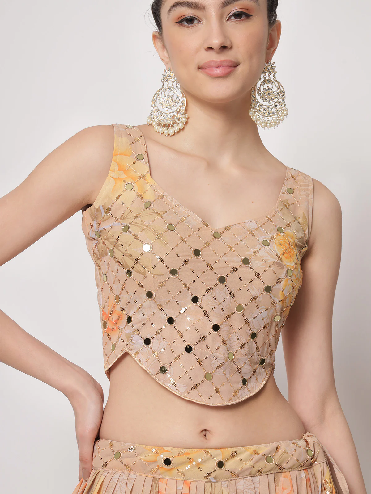 Odette Women Stylish Beige Georgette Embellished Semi Stitched Lehenga With Unstitched Blouse - Image 2