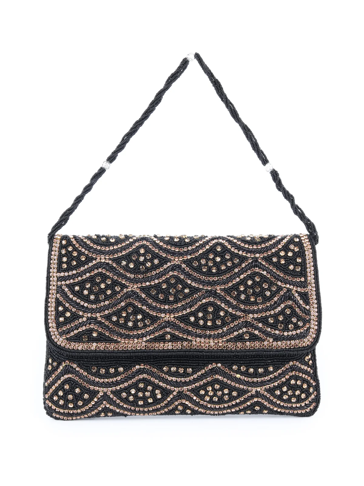 Odette Black And Gold Fabric Beaded Envelope Clutch For Women - Image 3