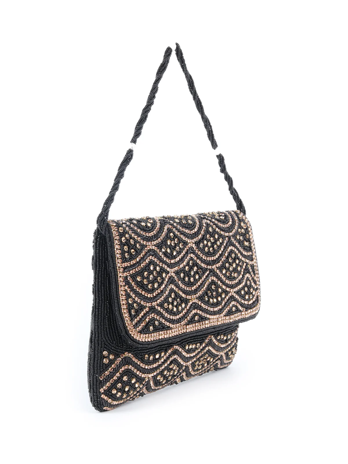 Odette Black And Gold Fabric Beaded Envelope Clutch For Women - Image 4