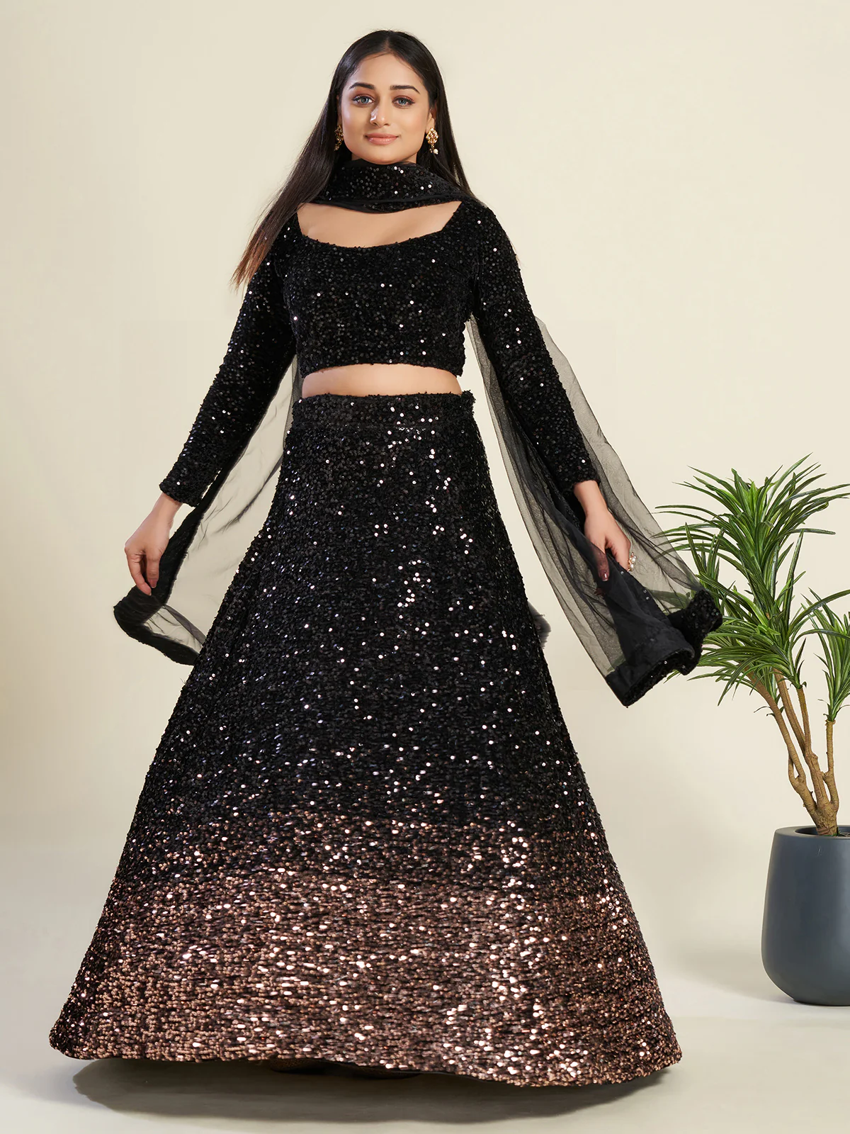 Odette Women Stylish Black Velvet Embellished Semi Stitched Lehenga With Unstitched Blouse - Image 2