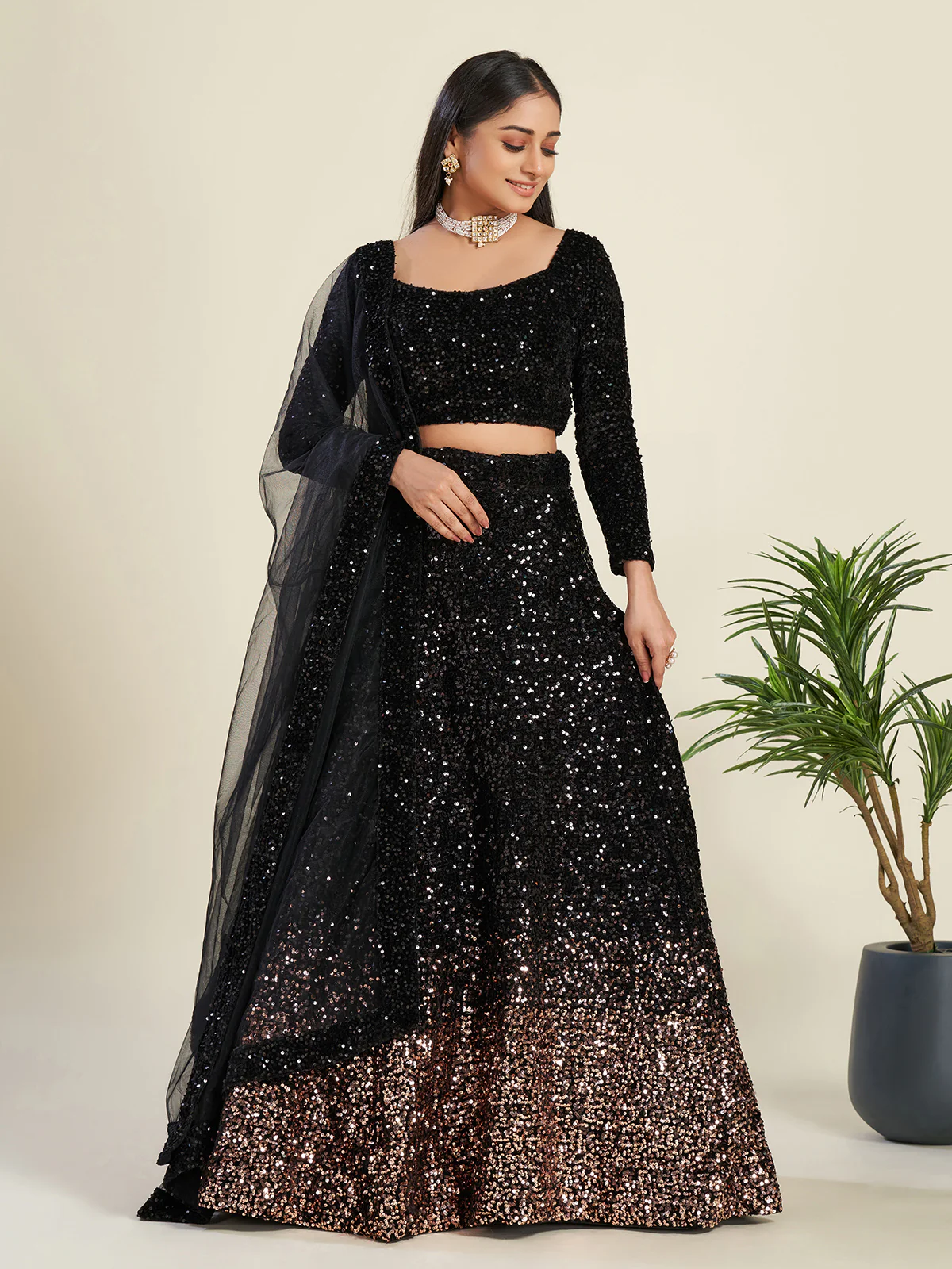 Odette Women Stylish Black Velvet Embellished Semi Stitched Lehenga With Unstitched Blouse - Image 4