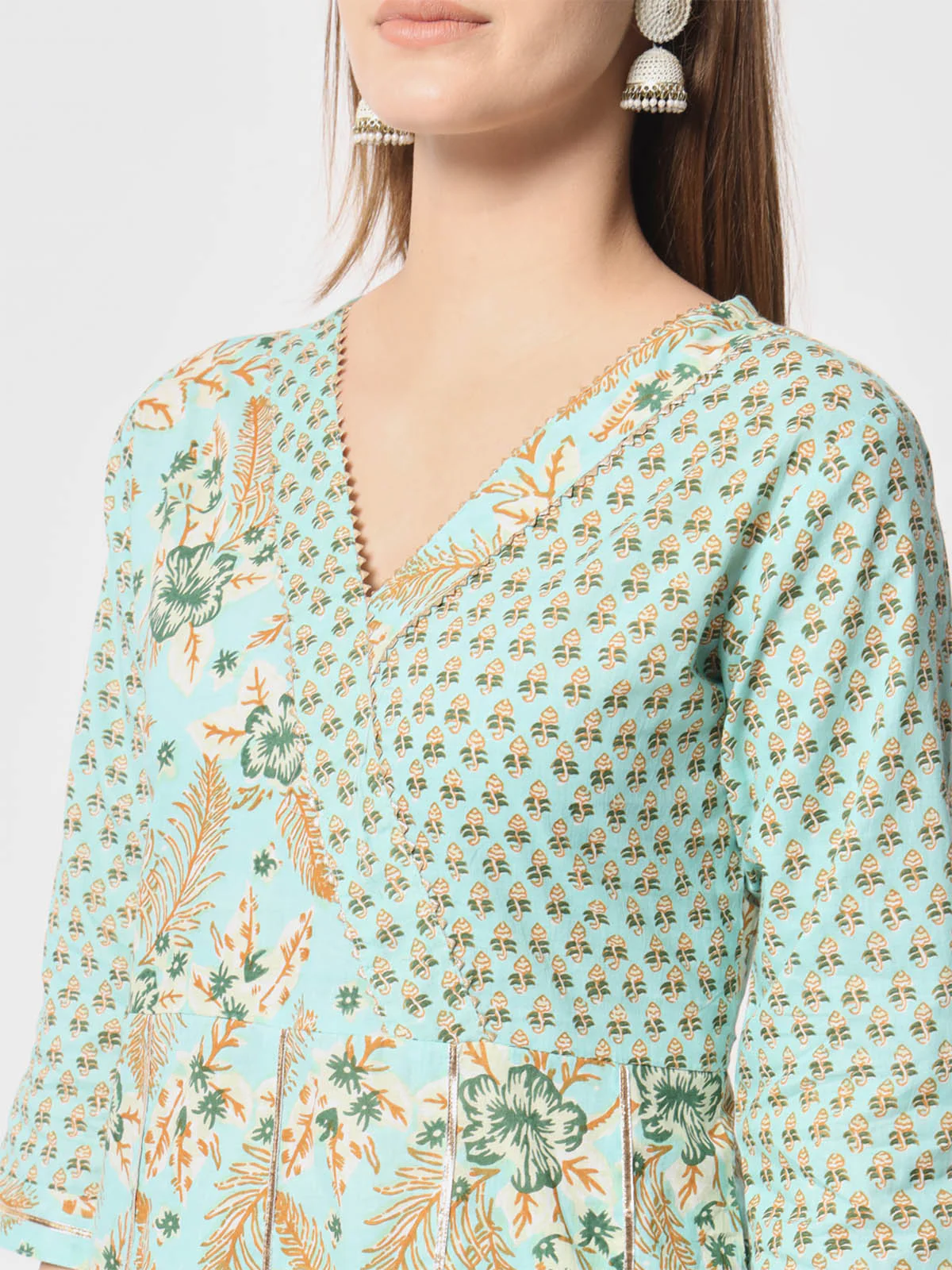 Odette Women Stylish Blue Cotton Printed Stitched Kurta Set - Image 6