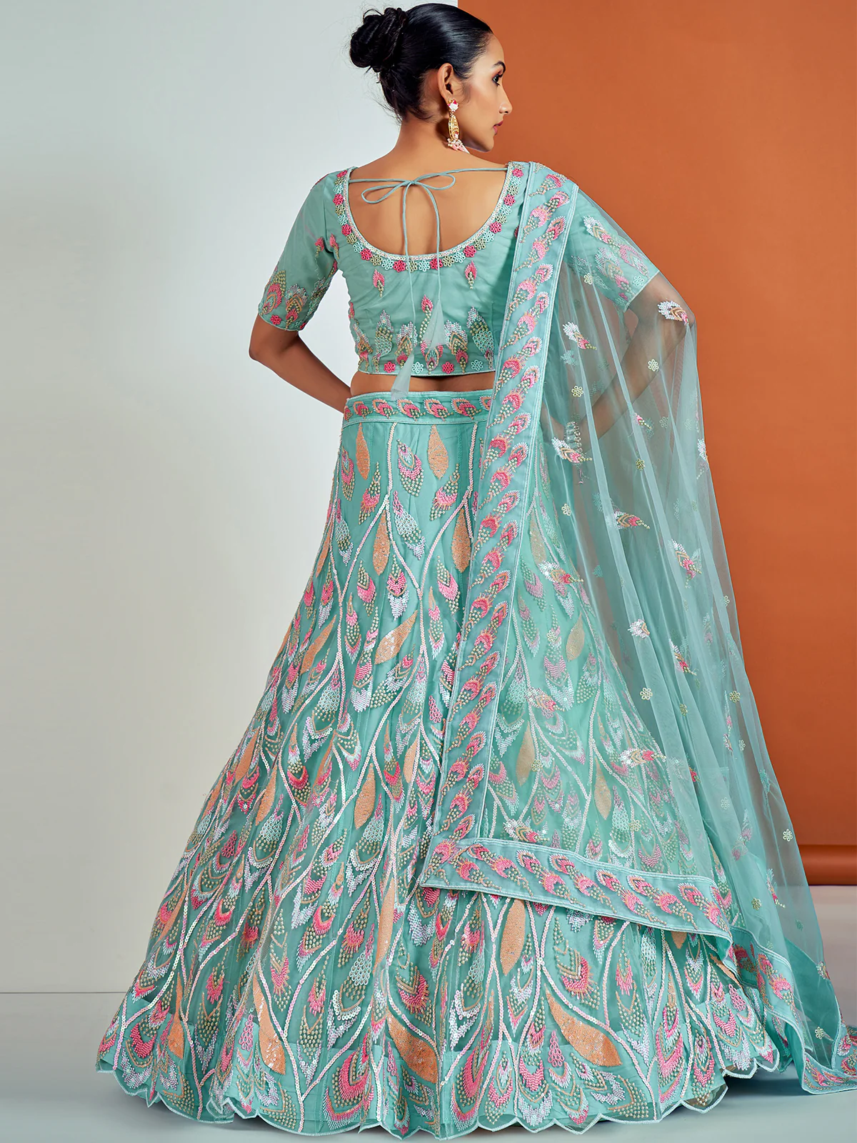 Odette Women Stylish Blue Soft Net Semi Stitched Lehenga With Unstitched Blouse - Image 4