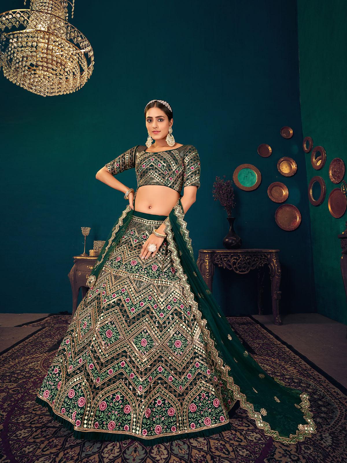 Odette Women Stylish Dark Green Georgette Semi Stitched Lehenga With  Unstitched Blouse - Image 5