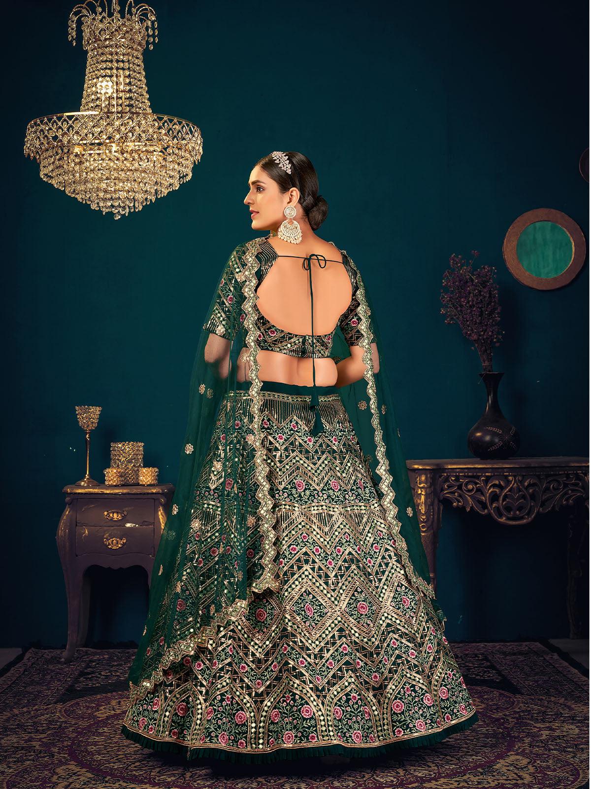 Odette Women Stylish Dark Green Georgette Semi Stitched Lehenga With  Unstitched Blouse - Image 6