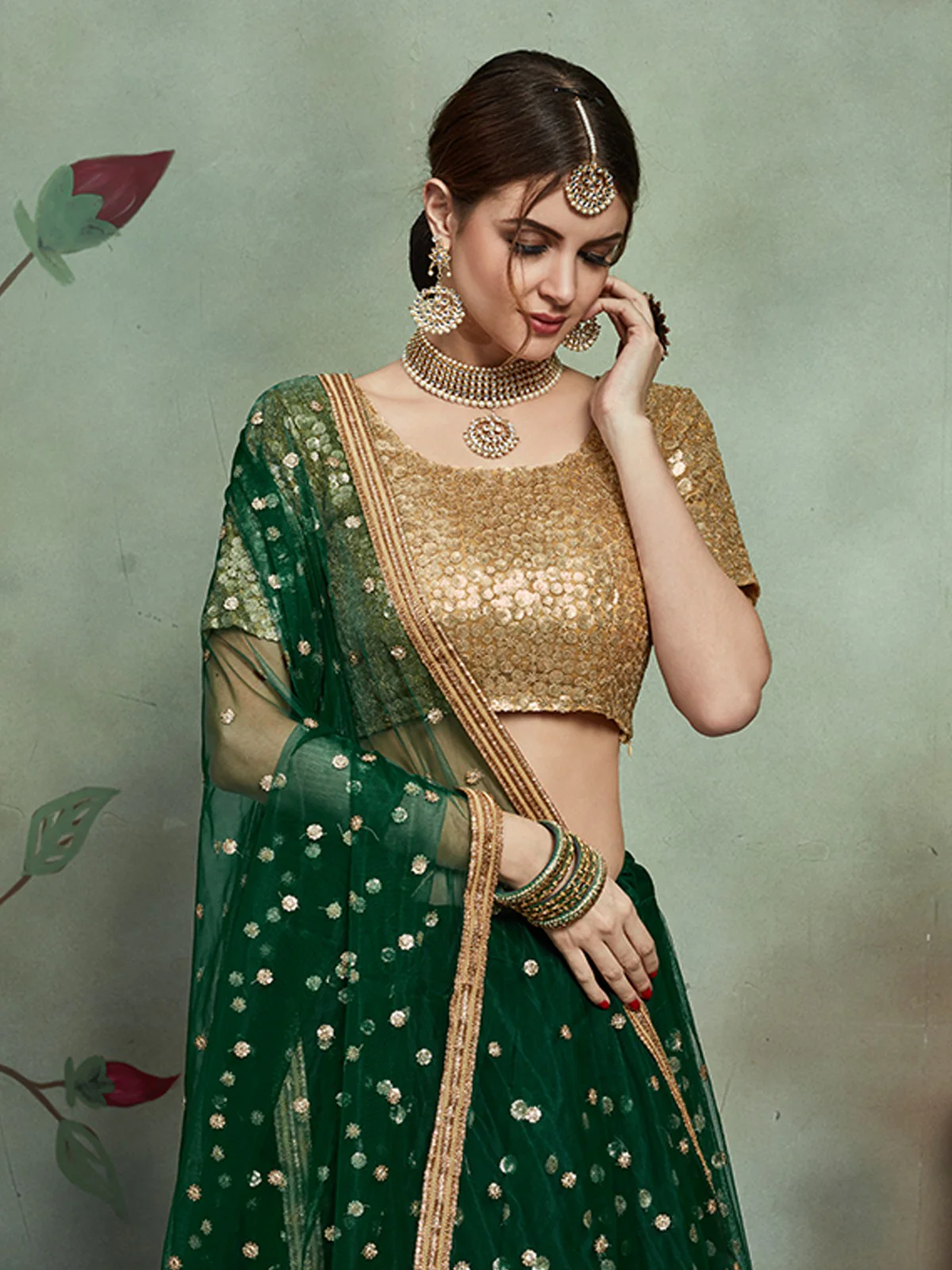 Odette Women Stylish Dark Green Soft Net Semi Stitched Lehenga With Unstitched Blouse - Image 2