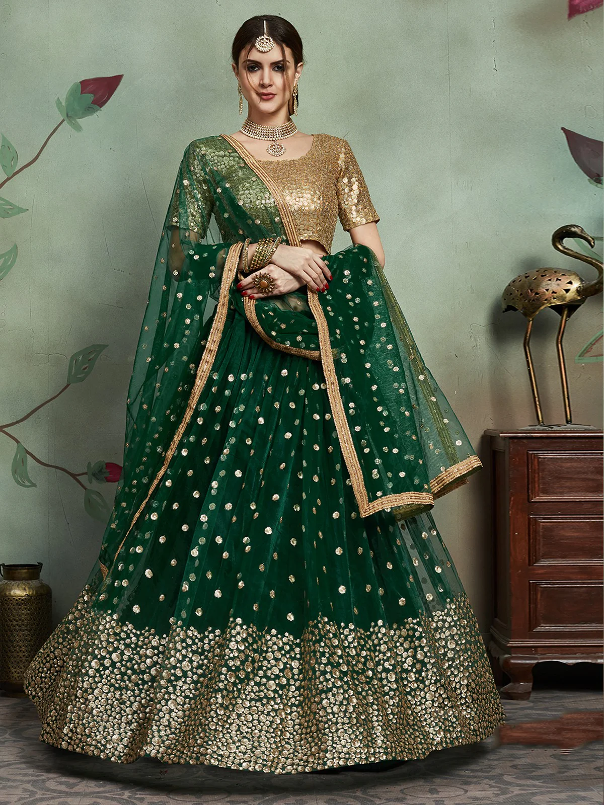 Odette Women Stylish Dark Green Soft Net Semi Stitched Lehenga With Unstitched Blouse - Image 3