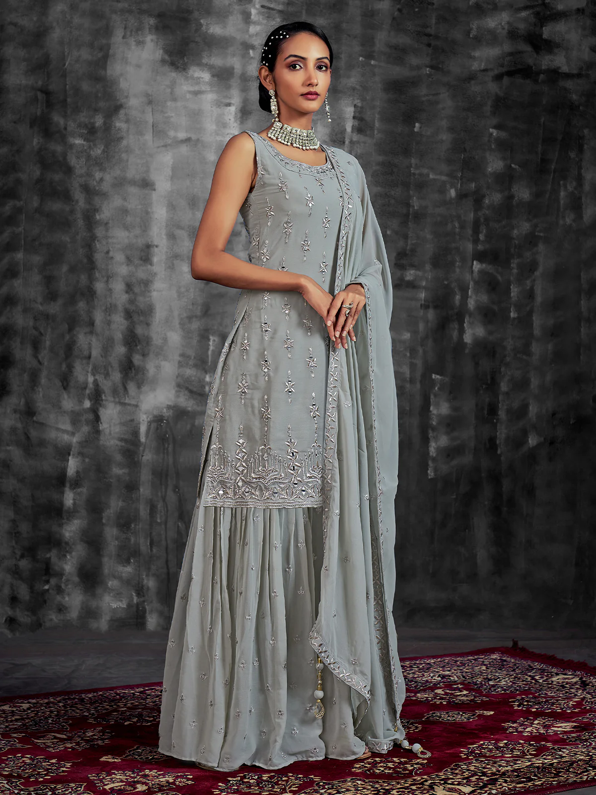 Odette Women Grey Embroidered Partywear  Stitched Kurtaset - Image 2