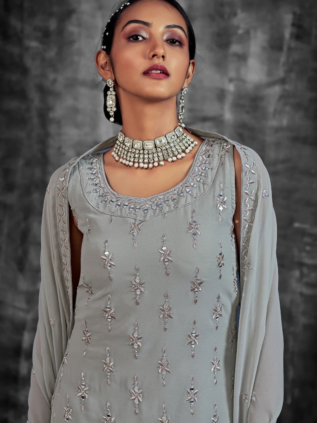Odette Women Grey Embroidered Partywear  Stitched Kurtaset - Image 3