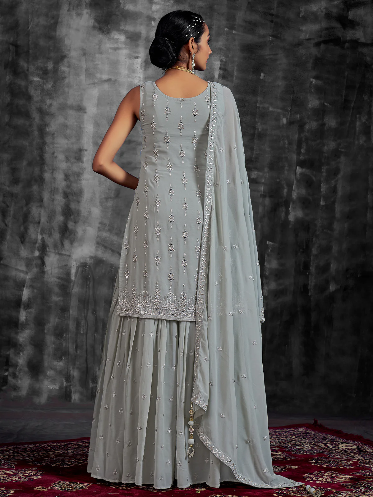 Odette Women Grey Embroidered Partywear  Stitched Kurtaset - Image 4