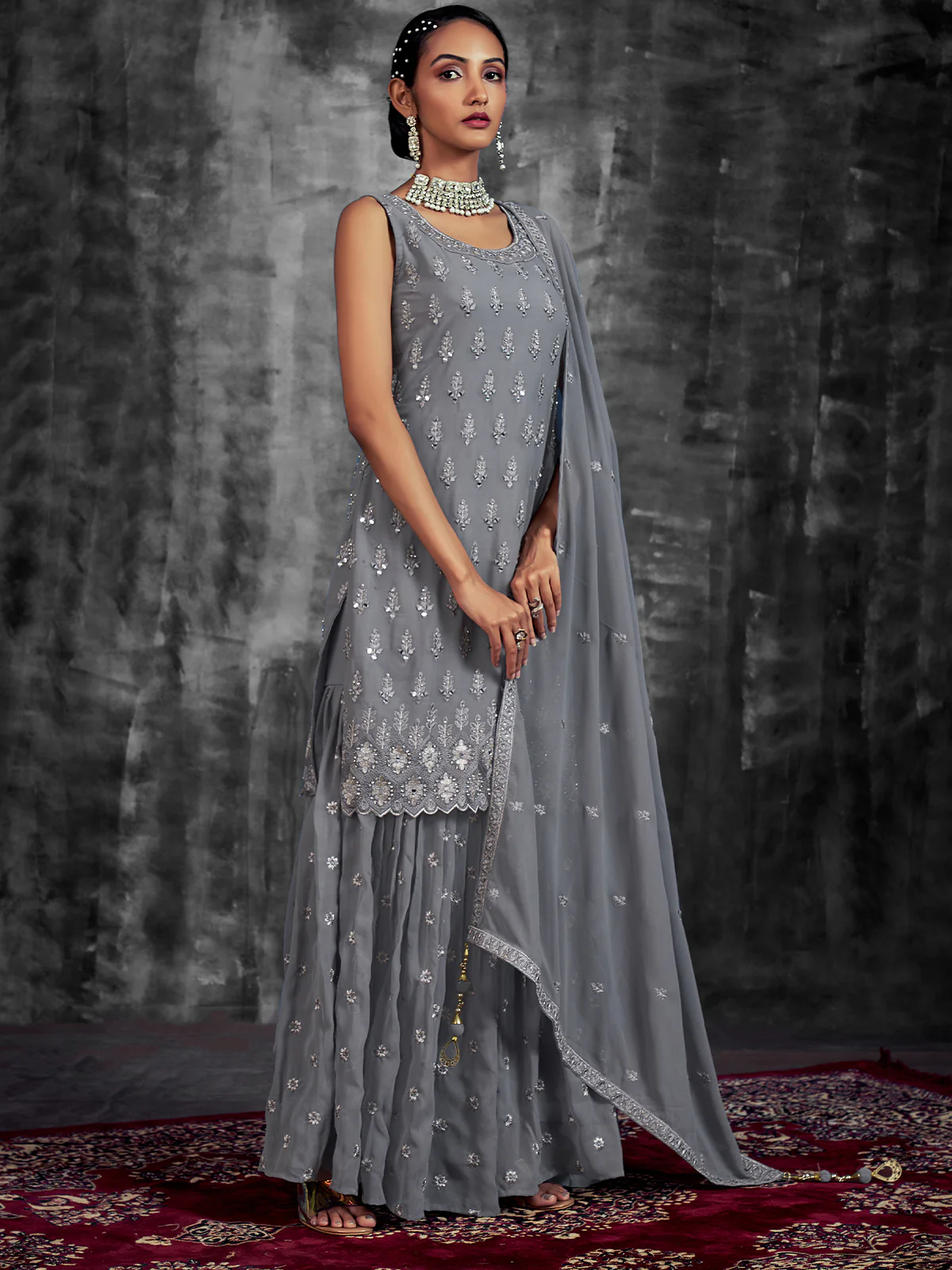 Odette Women Stylish Embroidered Grey Georgette Stitched Kurta Set - Image 2