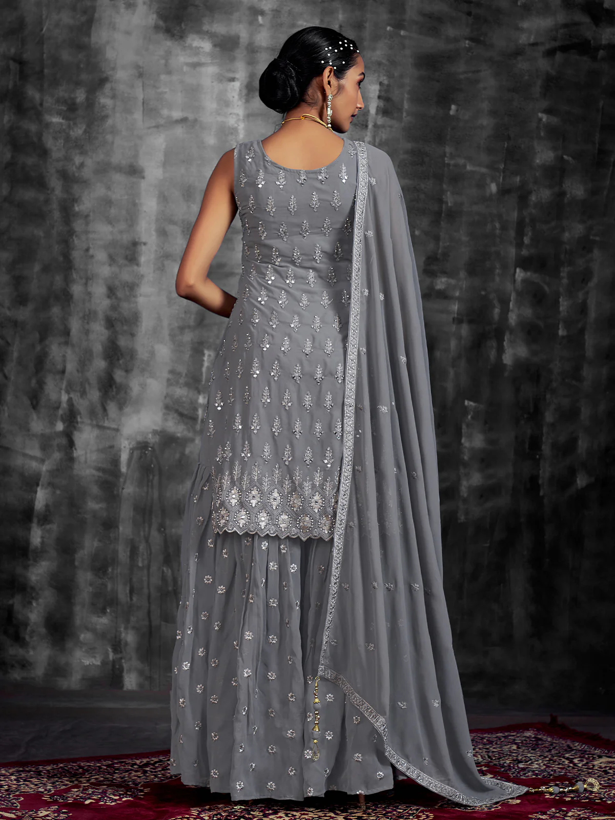 Odette Women Stylish Embroidered Grey Georgette Stitched Kurta Set - Image 4